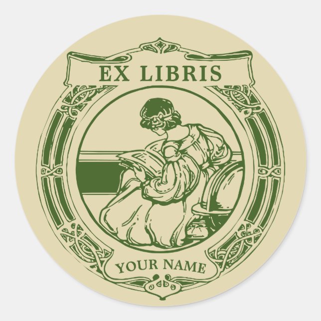 Sticker Rond Art Nouveau 1903 Girl & Book Ex Libris Modèle (Devant)