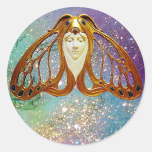 STICKER ROND ART NOUVEAU MÈRE FEMME EN OR BLEU PARKLES