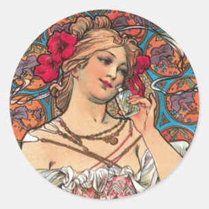Sticker Rond Art Nouveau - Mucha - annonce de parfum