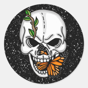 Sticker Rond Art numérique crâne et papillon
