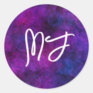 Sticker Rond Art numérique noir et pourpre monogrammé