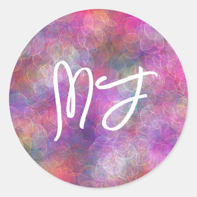 Sticker Rond Art numérique rose et violet monogrammé (Devant)