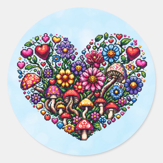 Sticker Rond Art Pixel Coeur Floral (Devant)