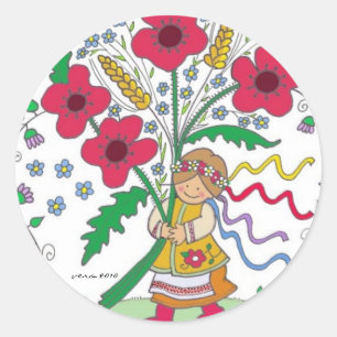 Sticker Rond Art populaire d'Ukrainien de fille de pavot