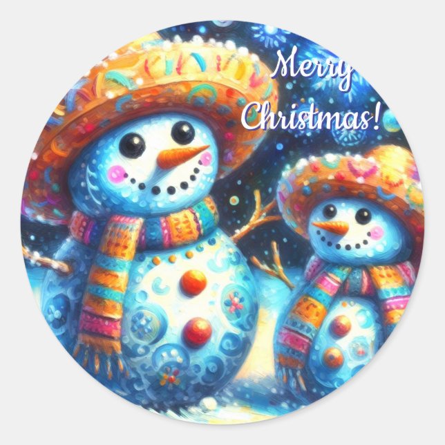 Sticker Rond Art populaire mexicain Snowmen Snowman Snow People (Devant)