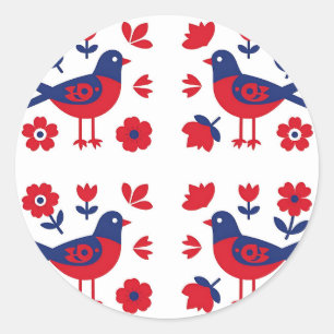 Sticker Rond Art populaire motif floral oiseau rouge bleu