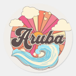 Sticker Rond Aruba Caraïbes Îles Retro 80s Plage