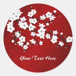 Sticker Rond Asie Floral blanc cerisier rouge