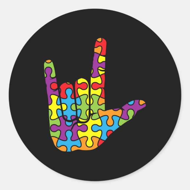 Sticker Rond ASL Love Langue des signes - Puzzle autistique Aut (Devant)