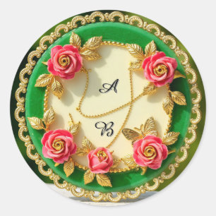 Sticker Rond Assiette décorative à bordure verte avec rose rose