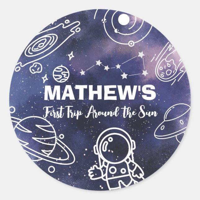 Sticker Rond Astronaut Planètes spatiales 1er anniversaire garç (Devant)