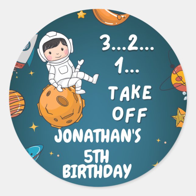 Sticker Rond Astronaut planètes spatiales bleu anniversaire (Devant)