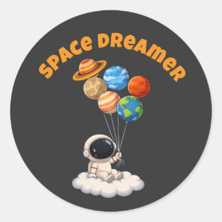 Sticker Rond Astronaut With Planet Balloons