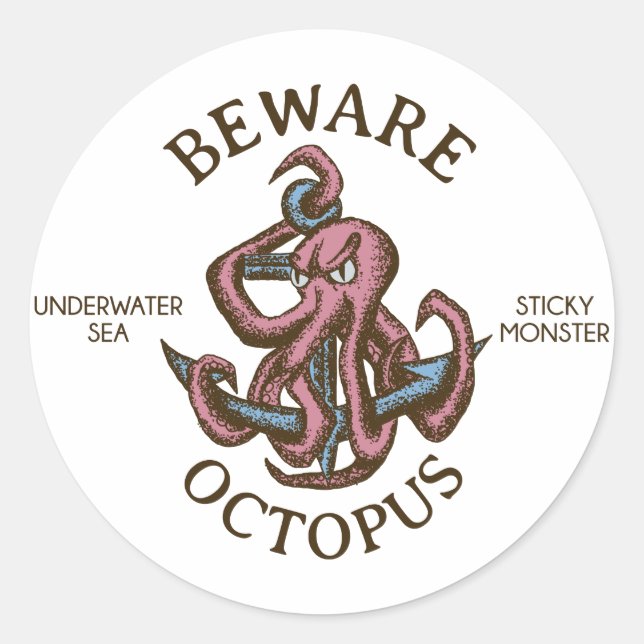 Sticker Rond Attention Octopus Créature Nautique Tentacle Monst (Devant)