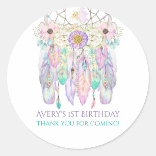 Sticker Rond Attrape-rêve Boho Féerique Pastels Plumes