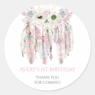Sticker Rond Attrape-rêve Boho Rose Gris Plumes d'Ivoire