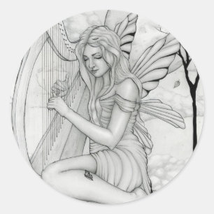 Sticker Rond Au delà du temps - fée avec l'harpe