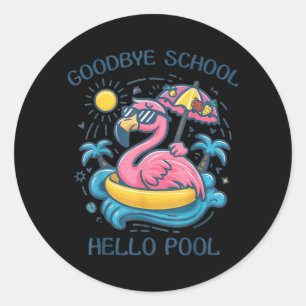 Sticker Rond Au revoir l'école, bonjour la piscine, flamant ros