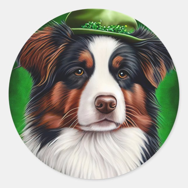 Sticker Rond Australian Shepherd dog en tenue de St. Patrick's  (Devant)