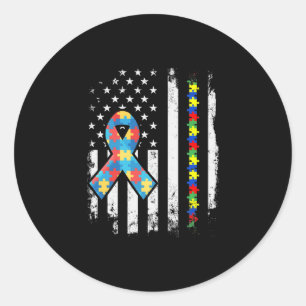Sticker Rond Autism Awareness Puzzle Ribbon American Flag