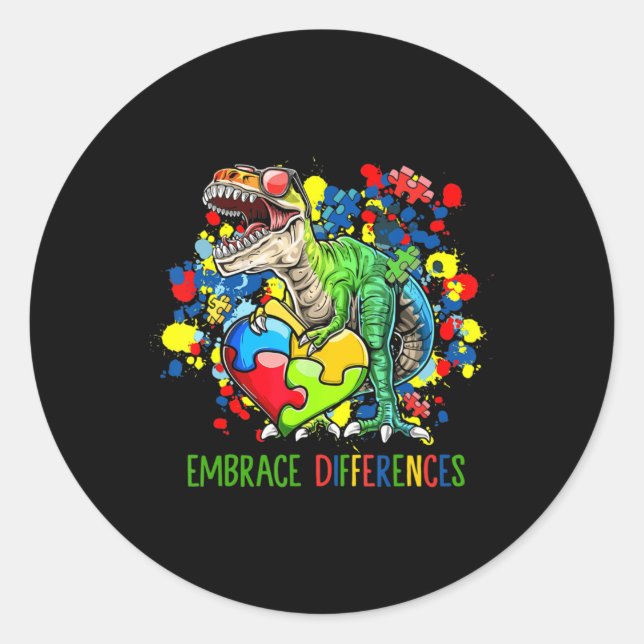 Sticker Rond Autisme Accepter les différences Dinosaur T-Rex en (Devant)
