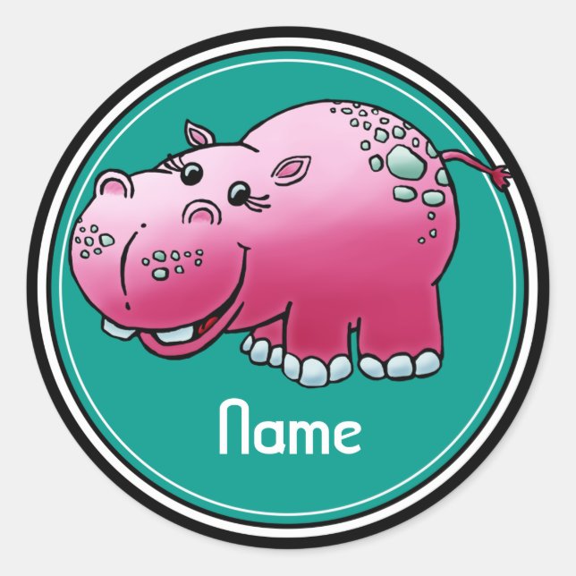 Sticker Rond Autocollants, Modèle de nom, joli dessin hippo (Devant)