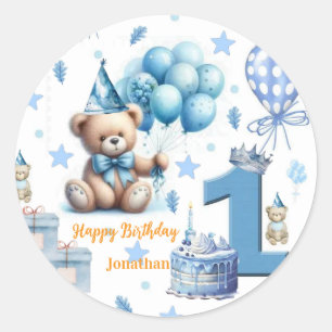 Sticker Rond Autocollants, Ourson Bleu Joyeux 1er Anniversaire