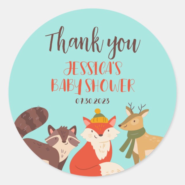 Sticker Rond Automne Bois Animaux Baby shower de saison d'autom (Devant)