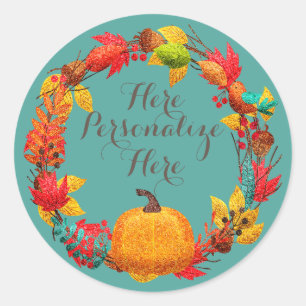 Sticker Rond Automne citrouille automne feuille couronne turquo