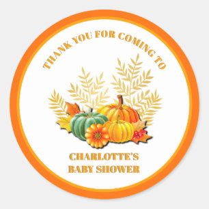 Sticker Rond Automne Citrouille, Feuille, Baby shower Merci