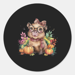 Sticker Rond Automne Citrouille mignon Capybyra Automne Thanksg