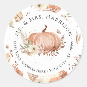 Sticker Rond Automne Fleurs Citrouille Feuille D'automne Adress