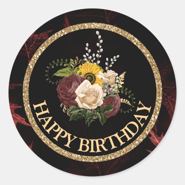 Sticker Rond Automne Fleurs d'automne Joyeux anniversaire (Devant)