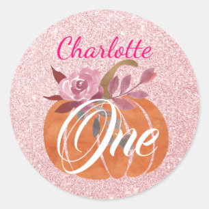 Sticker Rond Automne Floral Citrouille 1er Anniversaire Rose Or