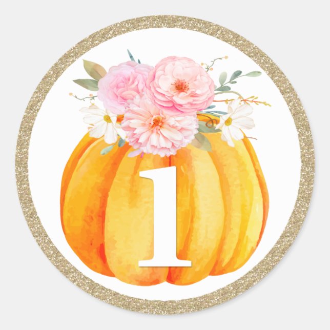 Sticker Rond Automne Floral Citrouille Baby Girl's 1st Birthday (Devant)