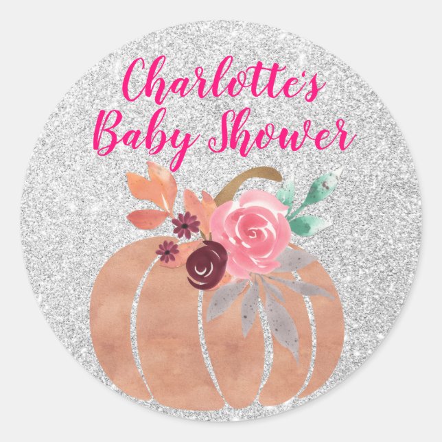 Sticker Rond Automne Floral Citrouille Baby shower rose argent (Devant)
