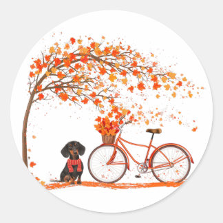 Sticker Rond Automne Maple Dachshund Leaf Automne Cyclisme d'au