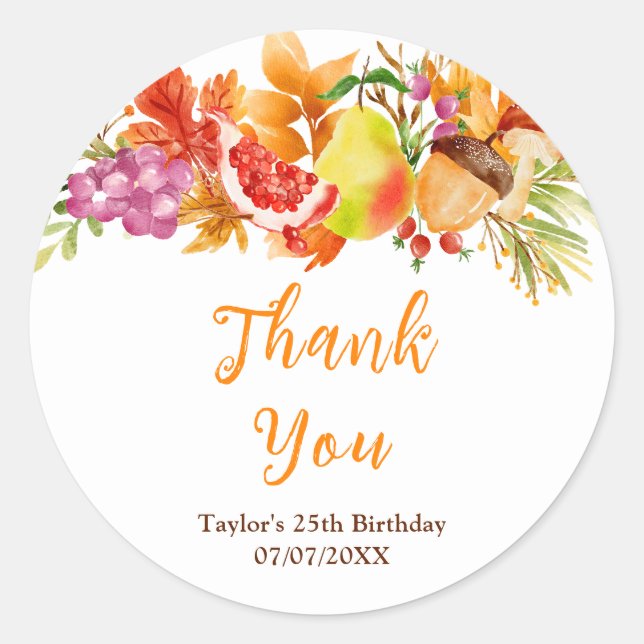 Sticker Rond Autumn Fall Harvest Birthday Party Thank You (Devant)
