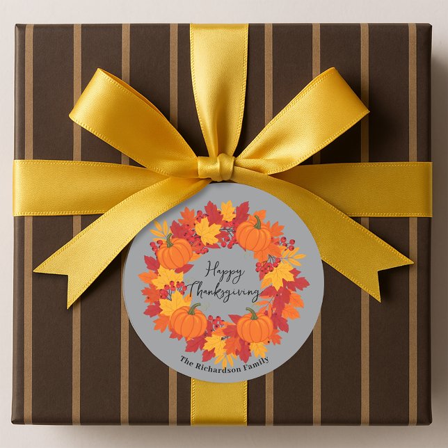 Sticker Rond Autumn Leaves Pumpkin Berry Wreath Family Name (Créateur téléchargé)