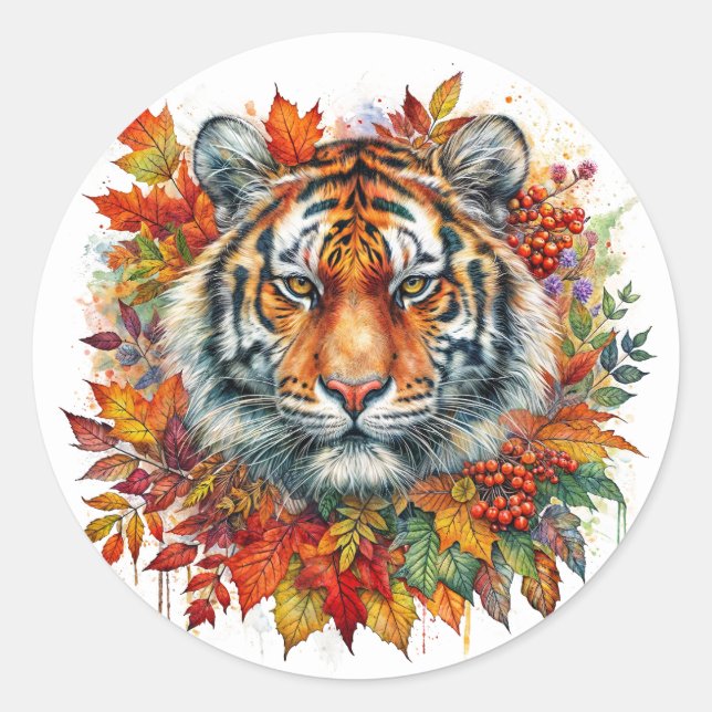 Sticker Rond Autumn Tiger Face Among Fall Leaves (Devant)