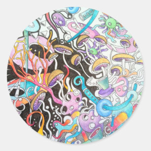 Sticker rond aux champignons magiques