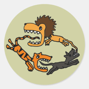 Sticker Rond AV- Lion chasse le tigre chasse l'art chien