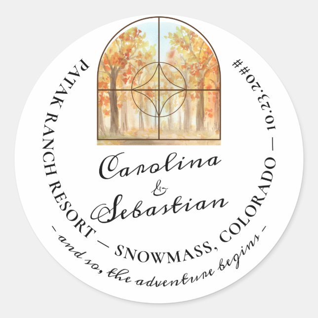 Sticker Rond Aventure Begin Mountain Forest Paysage Mariage (Devant)