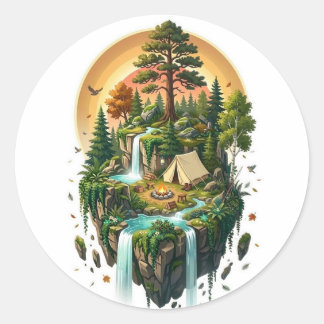 Sticker Rond Aventure de camping sur une île flottante 