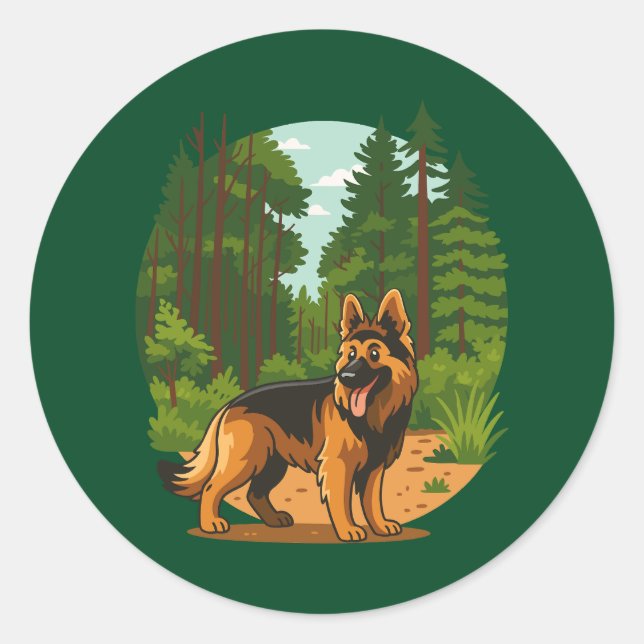 Sticker Rond Aventure de chien berger allemand en forêt  (Devant)