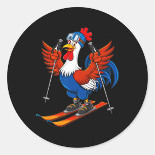 Sticker Rond Aventure de dessin animé de coq drôle de ski