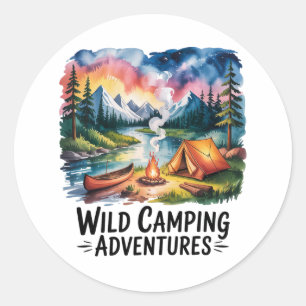 Sticker Rond Aventures de camping sauvage Design aquarelle