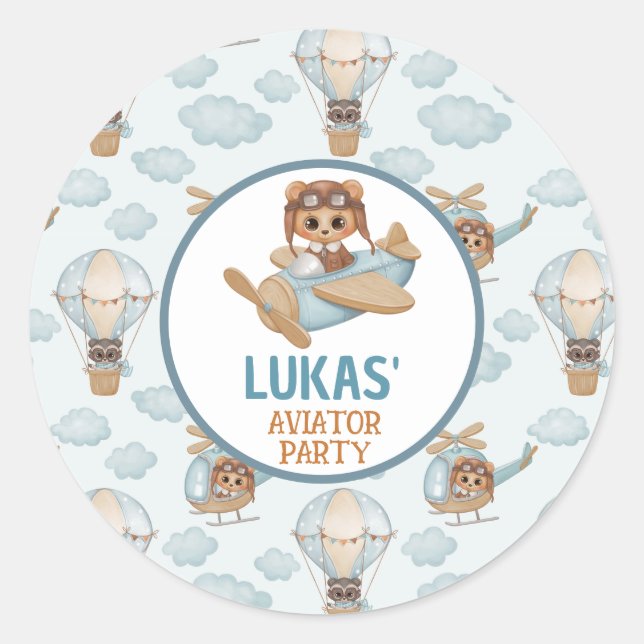 Sticker Rond Aviator Party Bear Pastel Blue Birthday Clas (Devant)