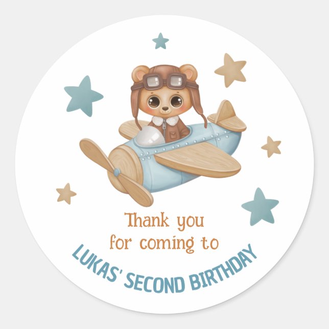 Sticker Rond Aviator Party Nom personnalisé Ours Anniversaire M (Devant)