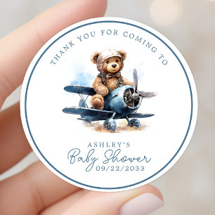 Sticker Rond Avion en ours en peluche aquarelle bébé merci